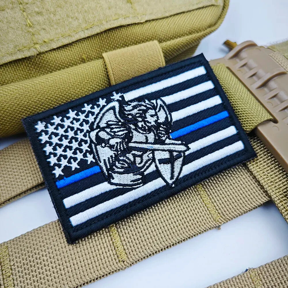 Saint Michael Thin Blue Line Religious American Flag Morale Patch Hook And Loop