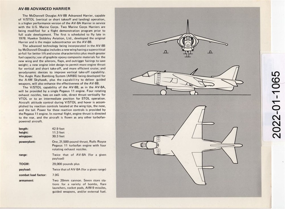 1978 McDonnell Douglas AV-8B Advanced Harrier Original Specification Print