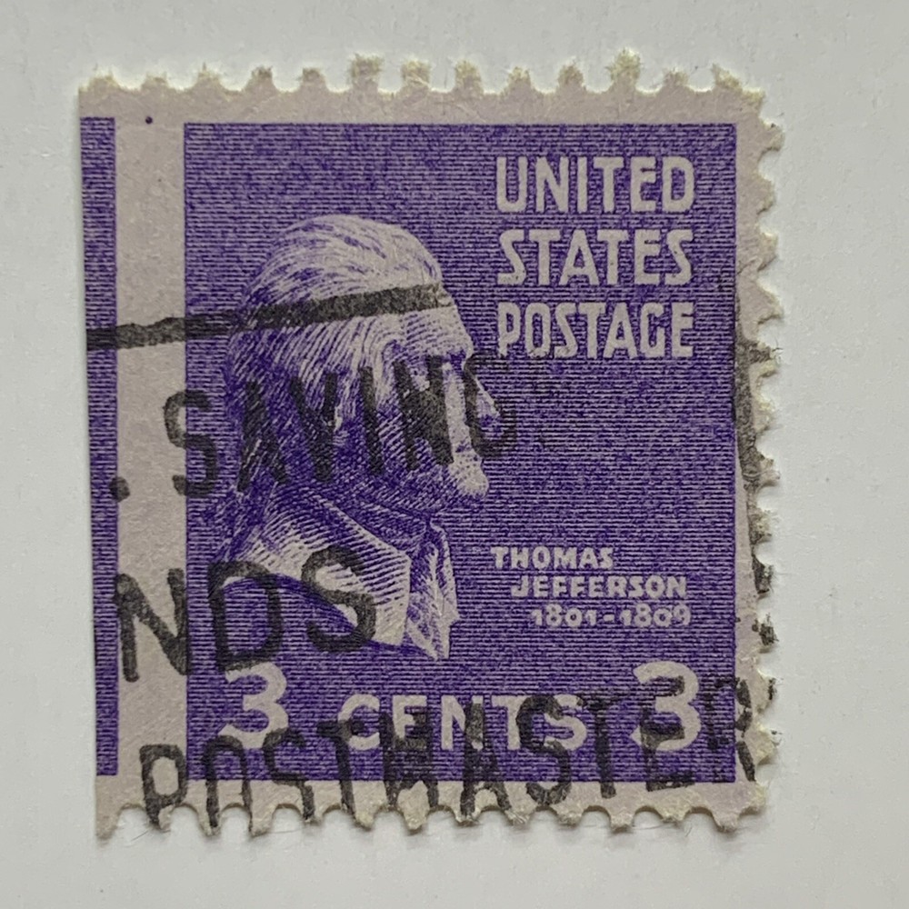 ERROR 1938-39 3C THOMAS JEFFERSON STAMP WITH MISCUT IMPERF ERROR