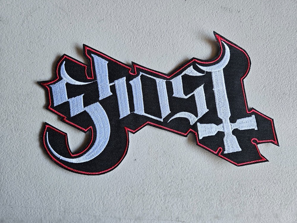 GHOST, SEW ON WHITE WITH RED BORDER EMBROIDERED LARGE BACK PATCH