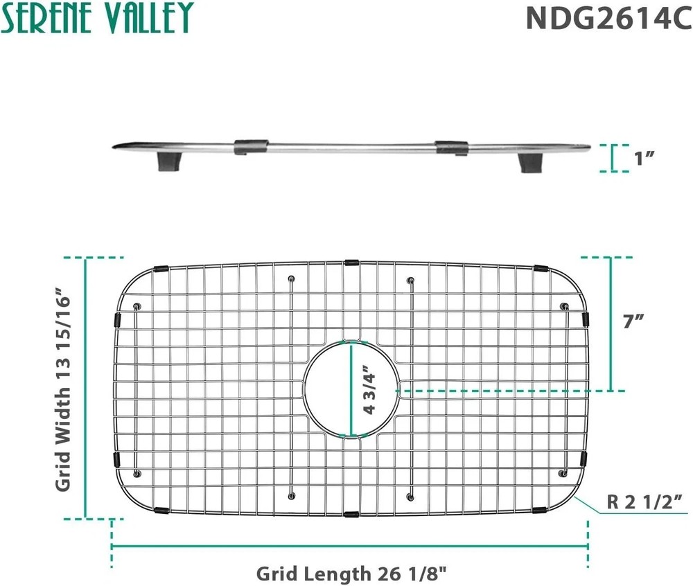 Sink Bottom Grid 26" Centered Drain 2.5" Corner Radius NDG2614C