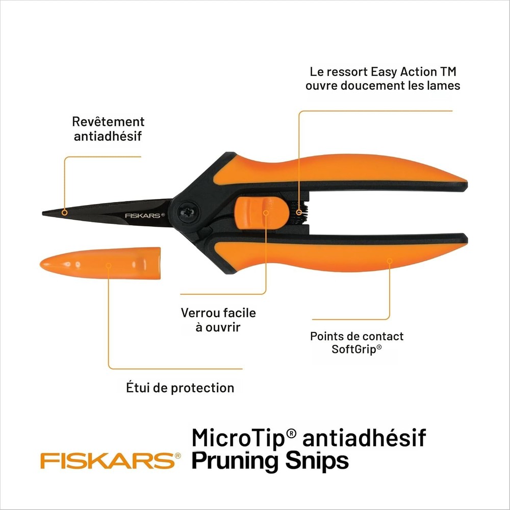 Fiskars Pruning Snips Micro-Tip Easy Action Non-Stick Orange Black