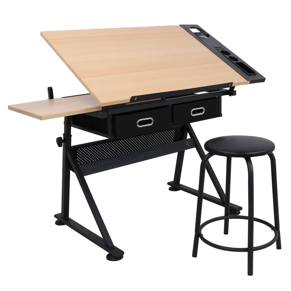 Height Adjustable Drafting Table Drawing Artist Craft Desk w/ Stool & 2 Drawers