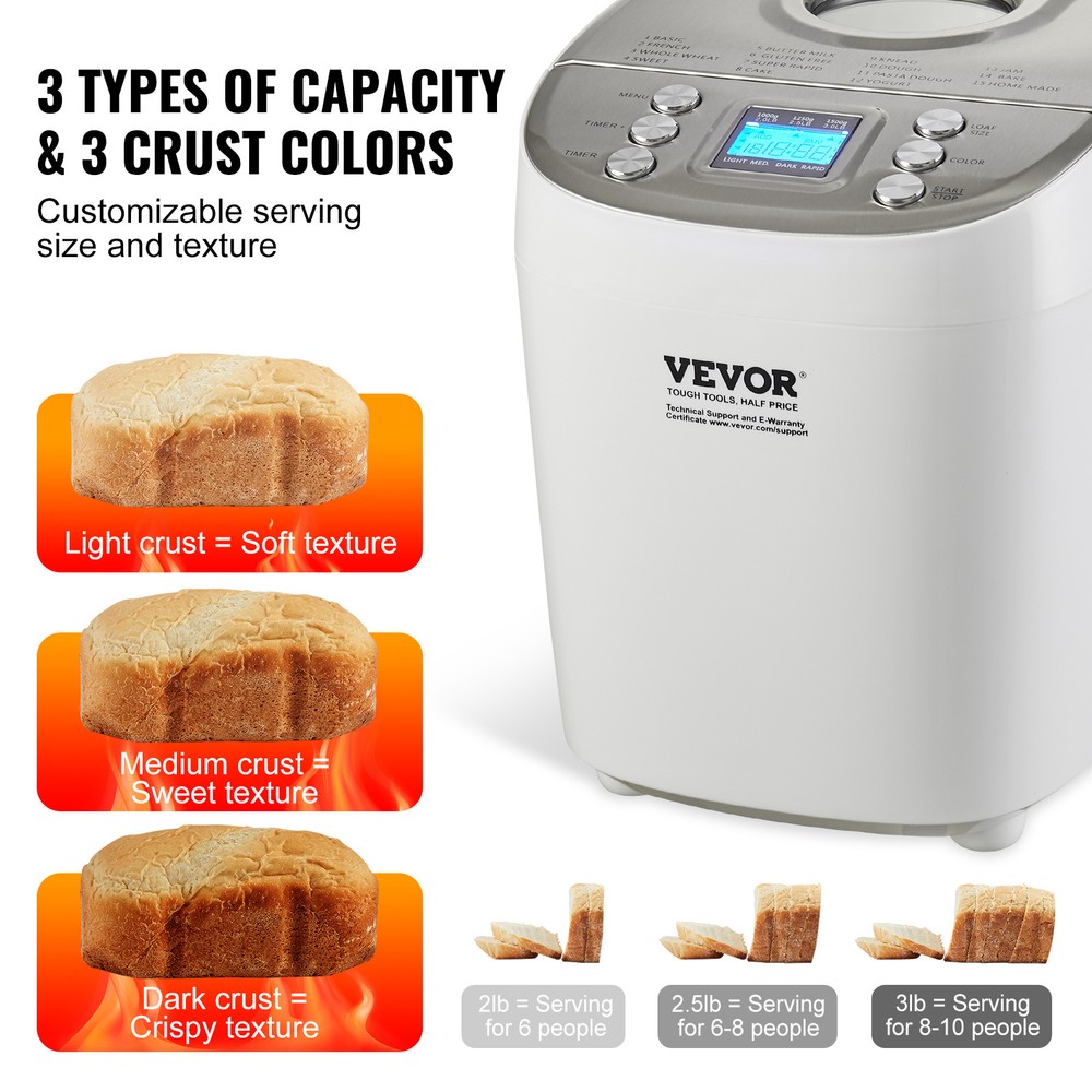 VEVOR 3LB 15-in-1 Bread Maker Automatic Compact Dough Machine Nonstick White