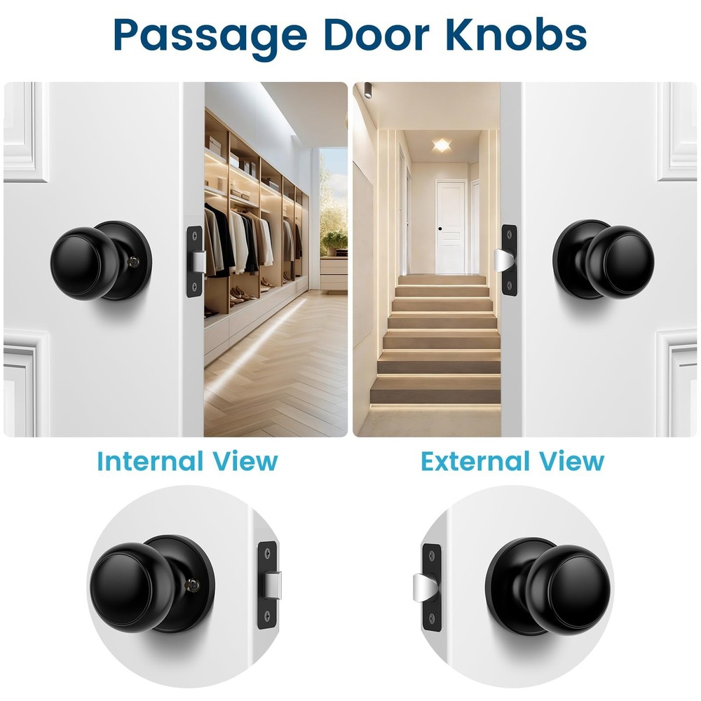 Passage Door Knobs, 10 Pack Matte Black Door Knobs, Hallway Closet Non-Lockin...