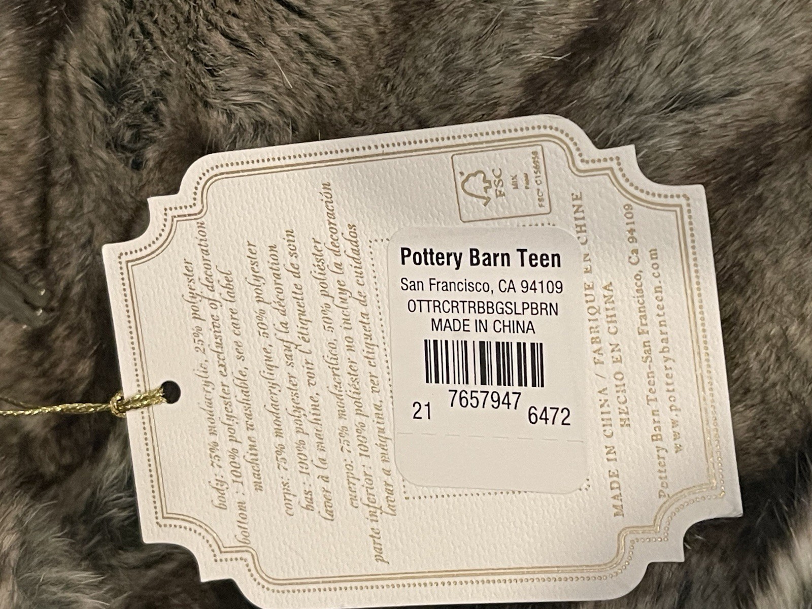 Pottery Barn Teen Otter Critter Faux Fur Beanbag SlipCover 3D Large NWT