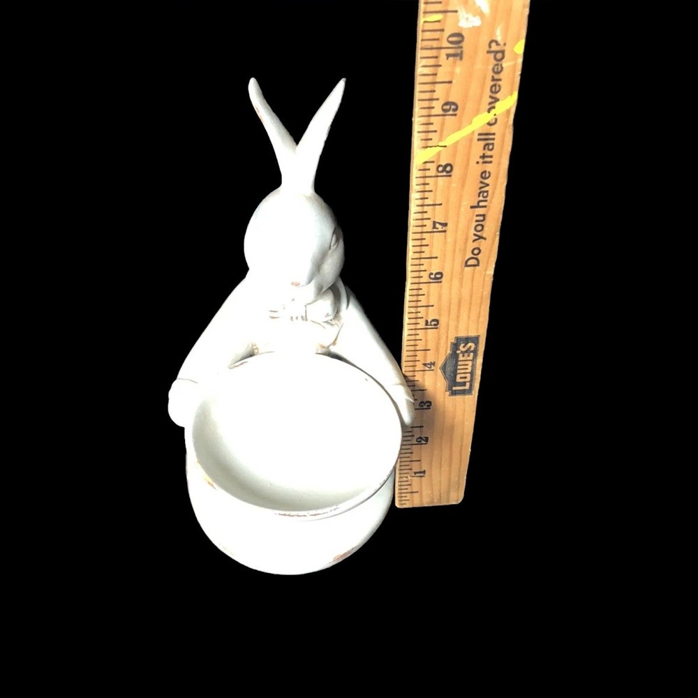Easter Bunny Rabbit Holding Egg Candy Dish Spring Decor Gray Distressed