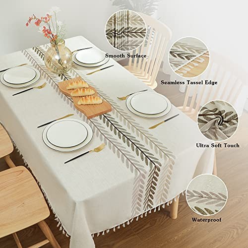 Rustic Cotton Linen Table 86" x 55" (Rectangular) Beige, Wine Leaf