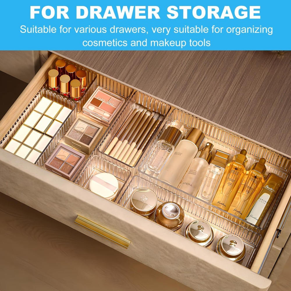HOTOOLME 7PCS Clear Drawer Organizers Bins, 4 Size Stackable Makeup Drawer Or...