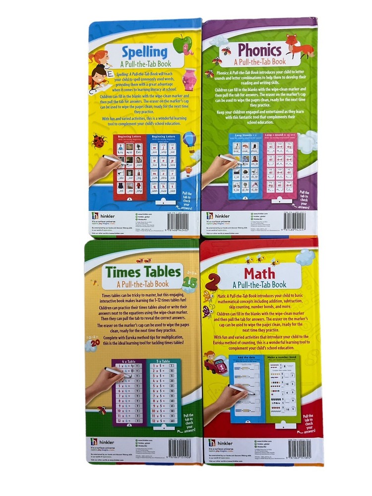 4 Kid Learning Book Math,reading Phonics Times Table Pull The Tab & Wipe Clean