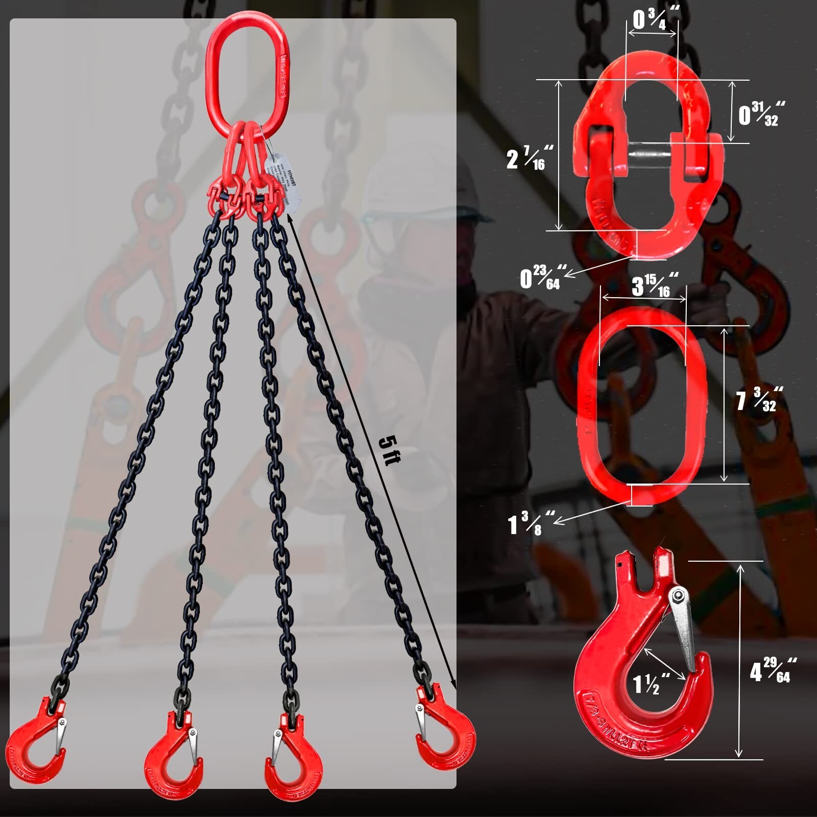 6 Ton 4 Leg Chain Sling, G80 Alloy Steel 4 Way Chain Slings Quadruple Leg Slings