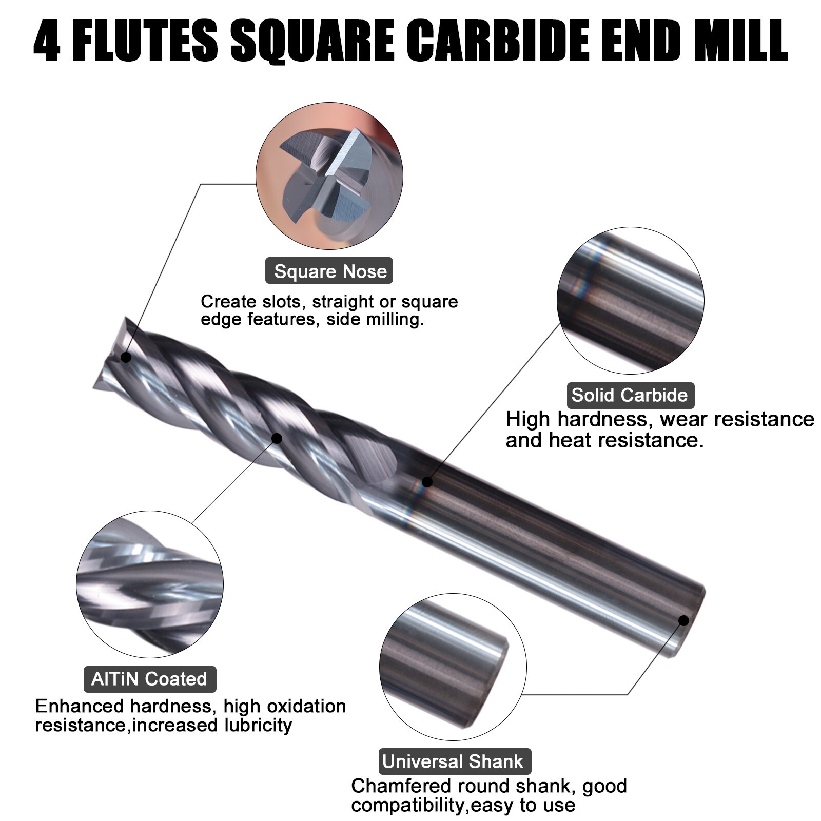 10Pcs 4 Flute 5/16" x13/16" x2-1/2" End Mills Solid Carbide AlTiN Coated CNC Bit