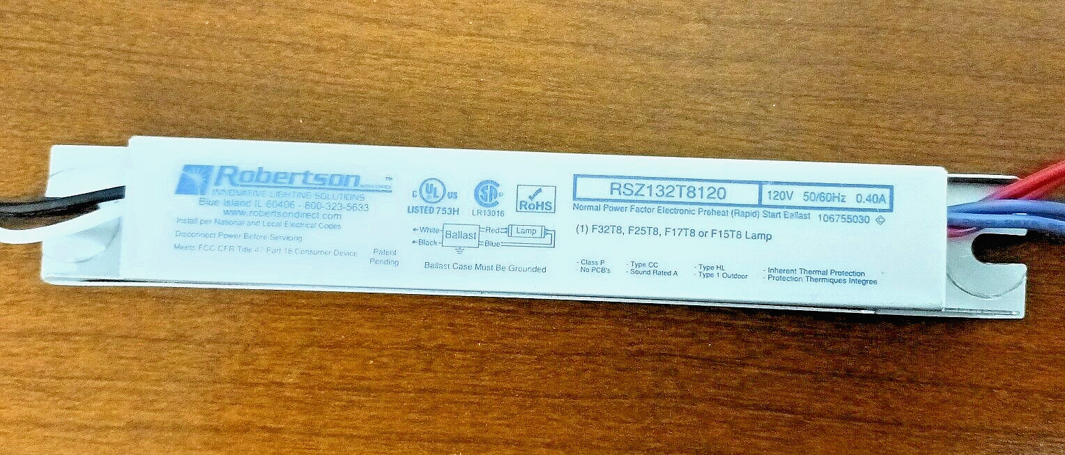 Electronic Ballast, 120V, F15,F17,F25, 32T8 lamp, Robertson RSZ132T8120(73-515)