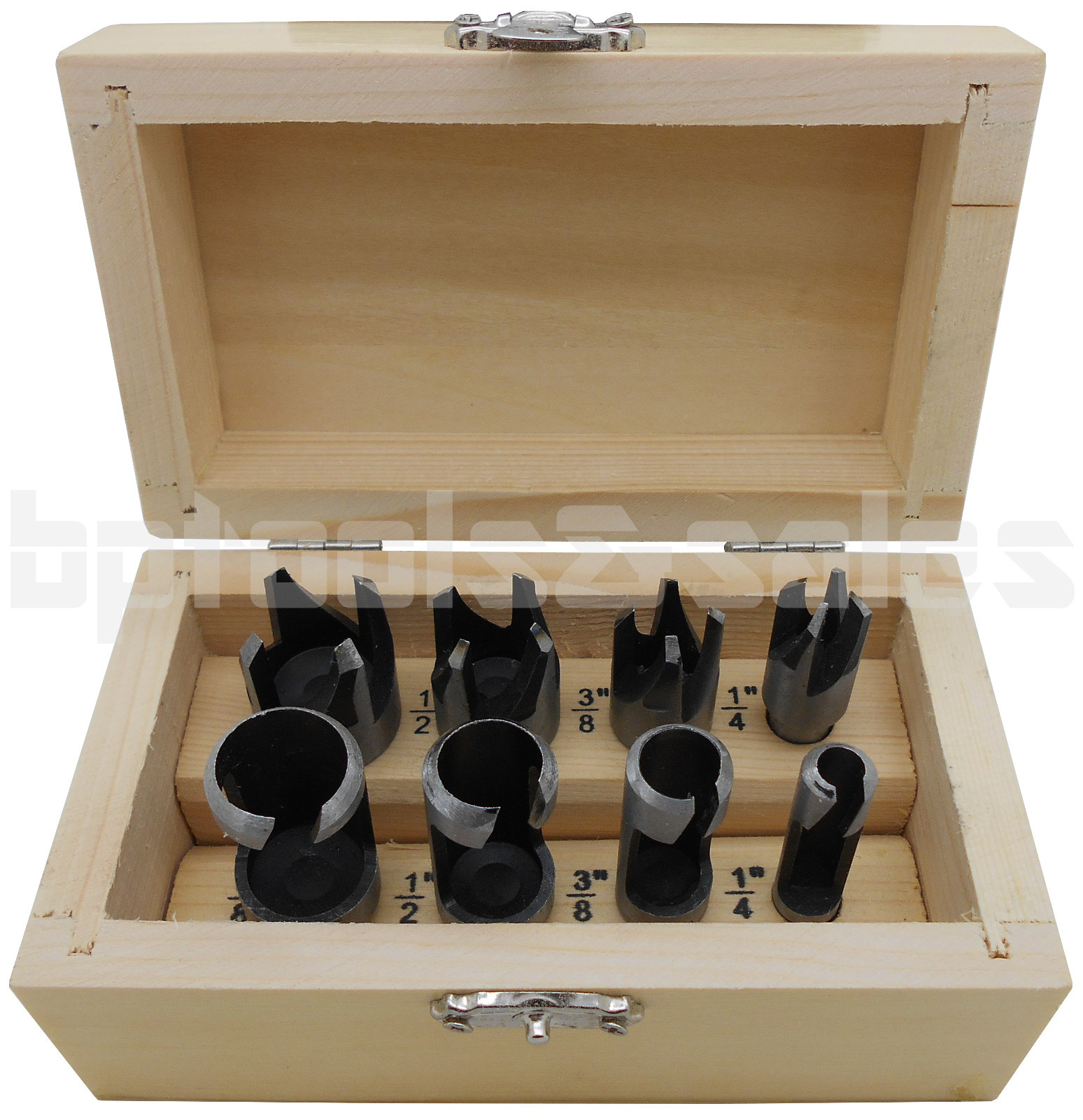 8pc Plug & Chamfer Wood Cutter Tool Set Straight & Tapered Taper Drill Bit Set