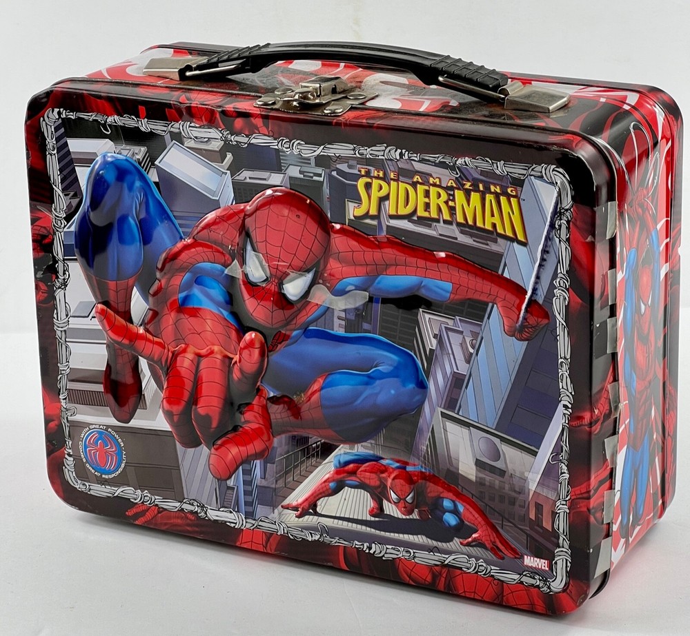Spiderman Lunch Box Metal Embossed Black Handle
