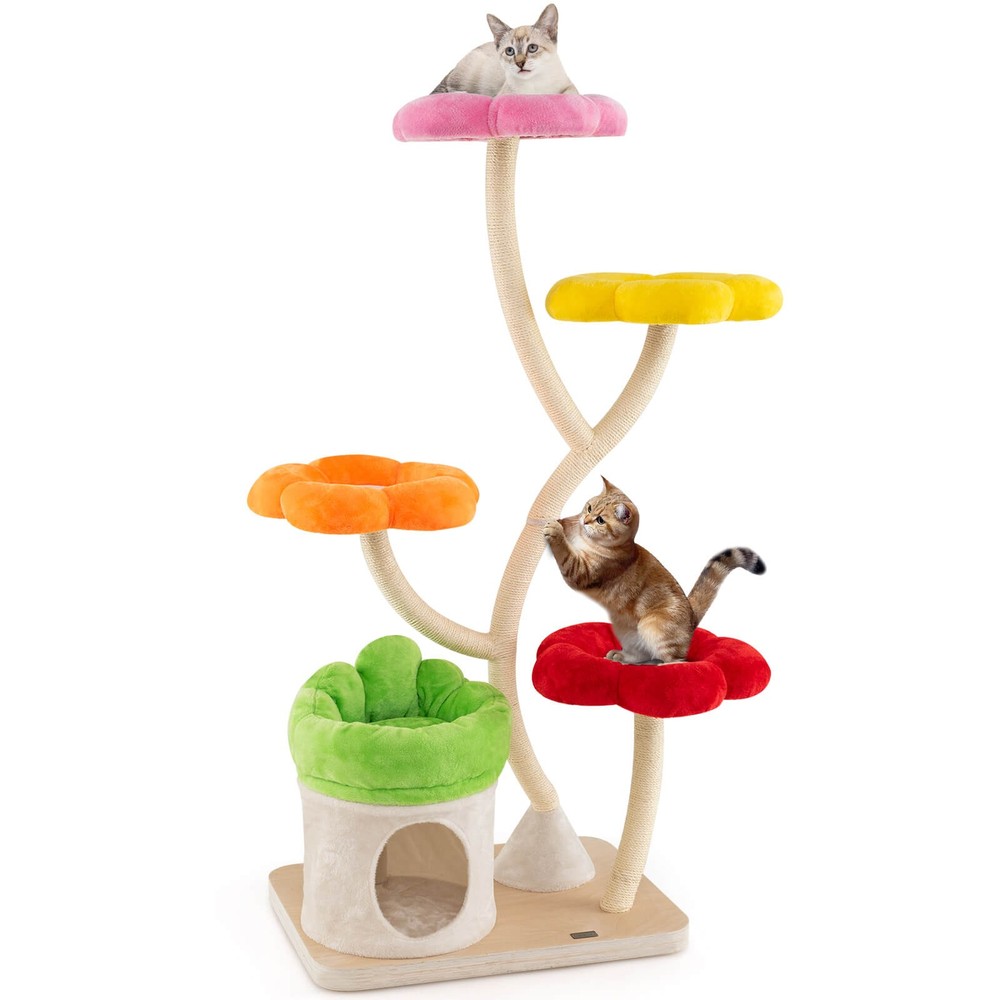 64" Multi-layer Cat Tower w/4 Colorful Flower-shaped Platforms Scratching Posts