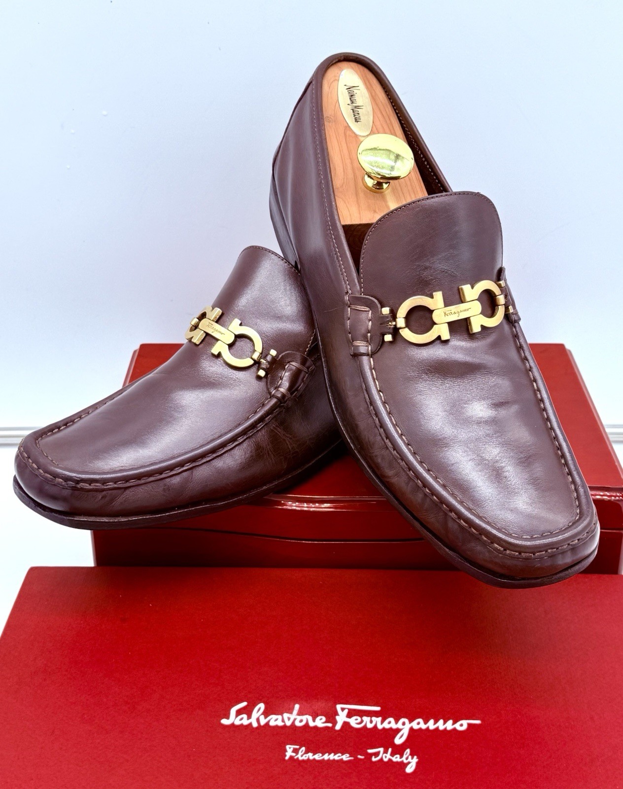 Ferragamo Mens Brown Loafers 12 Gold Gancini Horse Bit Leather Luxe Shoes Rare