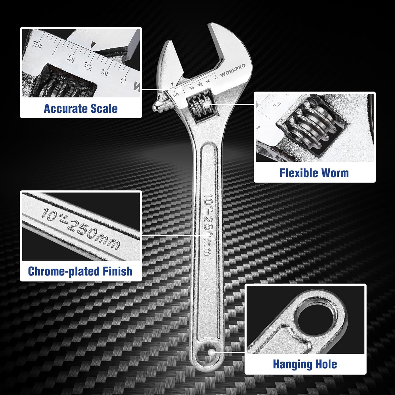 WORKPRO 4PC 6" 8 10" 12" Adjustable Wrench Set Forged Heat Treated Chrome-plated