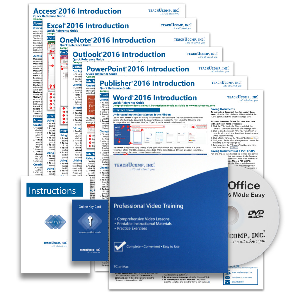 MICROSOFT OFFICE PRO 2016 DELUXE Training Tutorial with 7 Quick Reference Guides