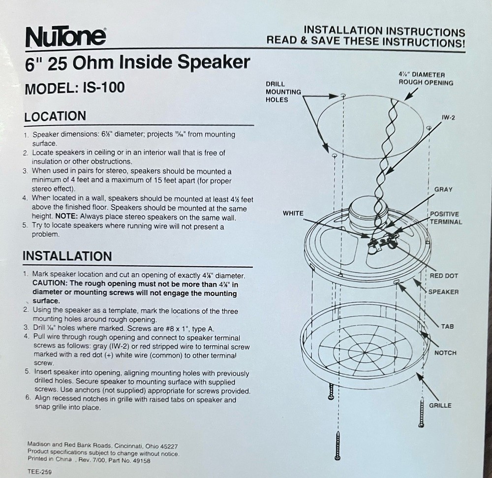 2-NUTONE IS-100 WIDE RANGE 6.5"SPEAKER NIB