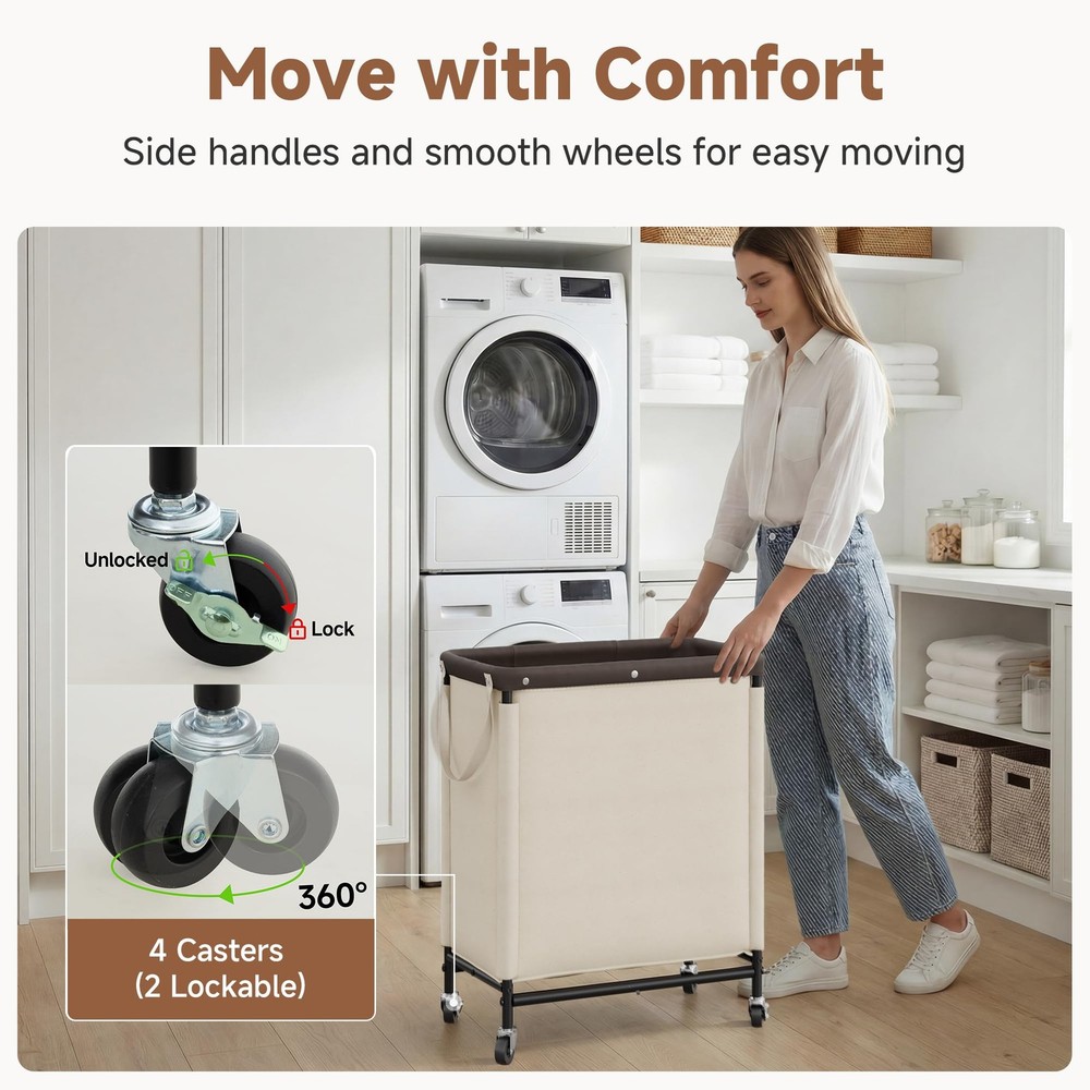 StorageWorks 2 Section Laundry Hamper, Rolling Laundry Cart with Wheels and H...