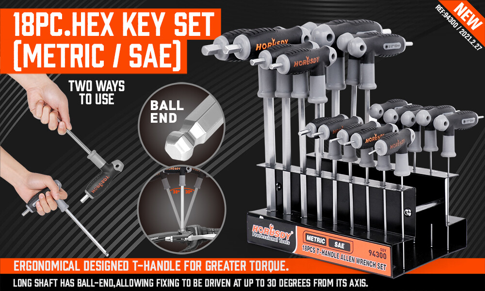 18 Pc SAE & Metric T Handle Allen Wrench Ball End Hex Key Set w/ Storage Stand