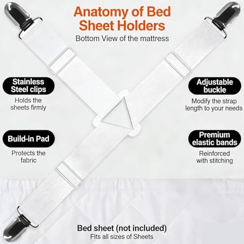 Bed Sheet Straps Set 4 Pack, Adjustable Elastic Sheet Holders for Corners with