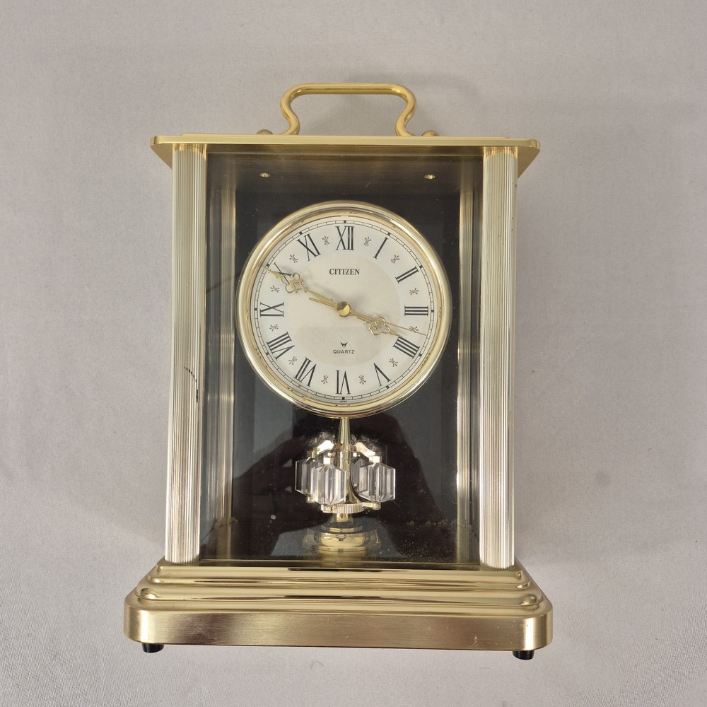 Citizen Quartz Mantel Clock Gold Tone Glass Case Rotating Pendulum Handle