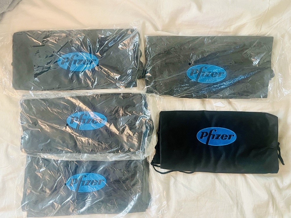 5 Pfizer Pharmaceutical rep swag - Five Drawstring backpacks