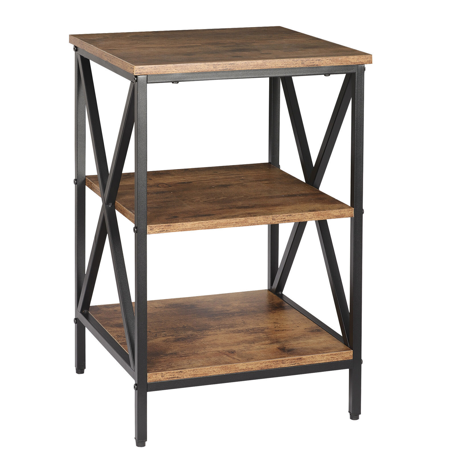 24.4" Side Table Industrial X Shape 3-Tier Small End Table Storage Sheves Brown