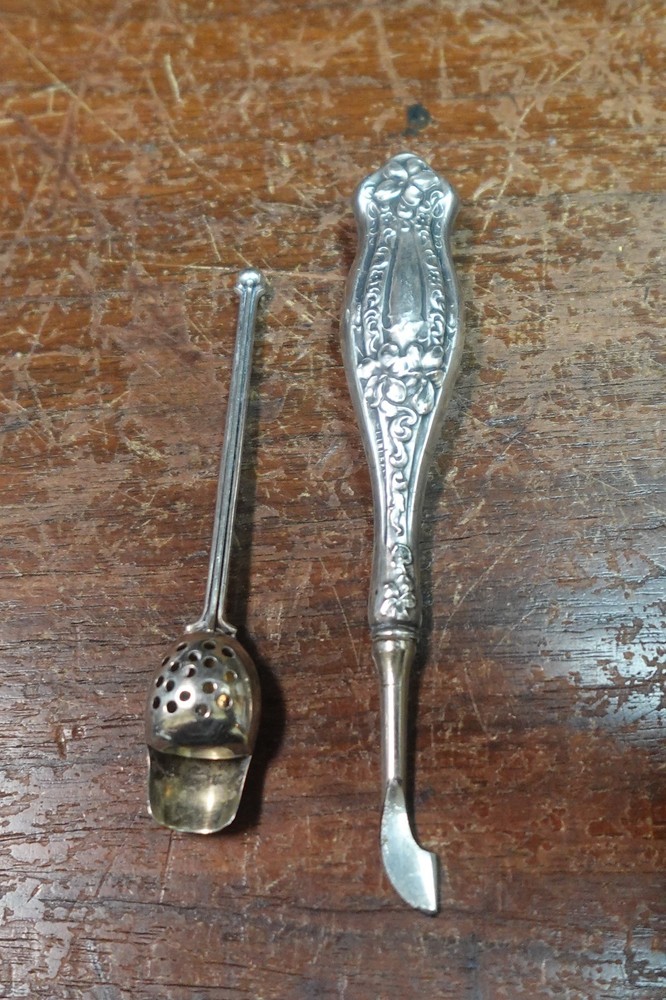 Antique Sterling Silver tea strainer diffuser spoon + Sterling scraper? vtg #180