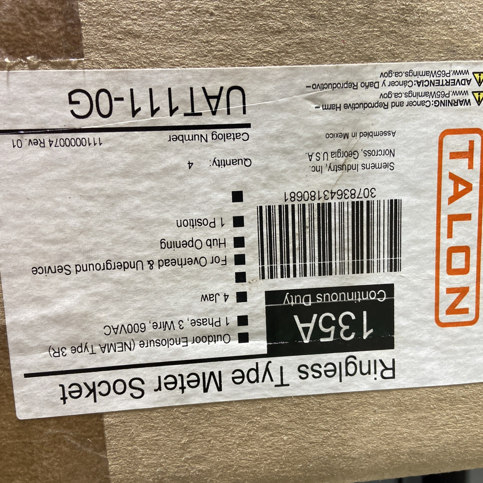 New! Talon UAT111-0G, 135 Amp 600 Volt 4 Terminal Ringless Meter Base