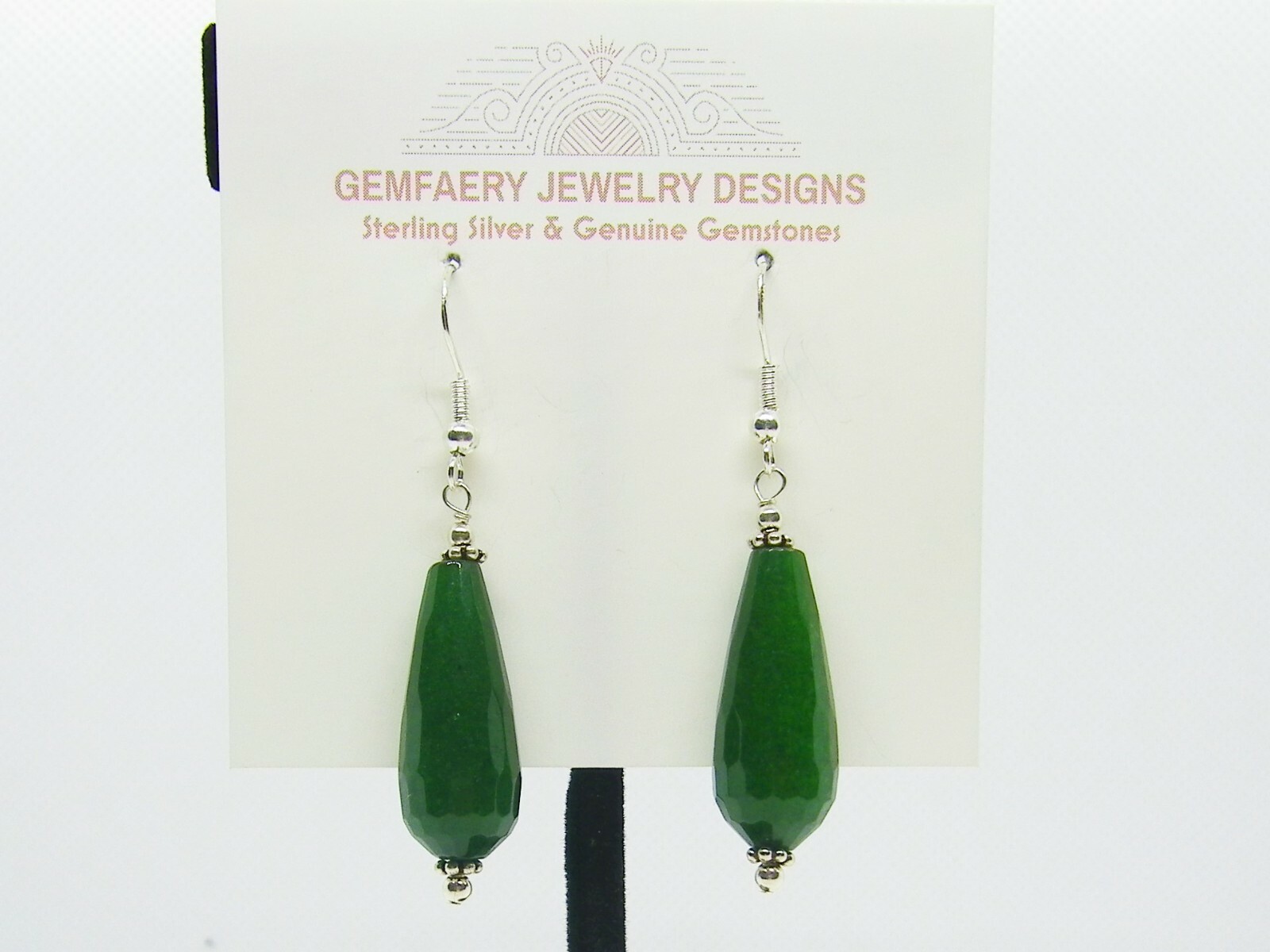 Sterling Silver Faceted NEPHRITE JADE Teardrop Dangle Earrings...Handmade USA