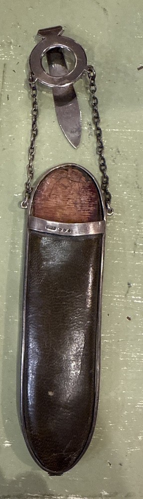 Victorian sterling silver & leather spectacles holder with Chatelaine hook
