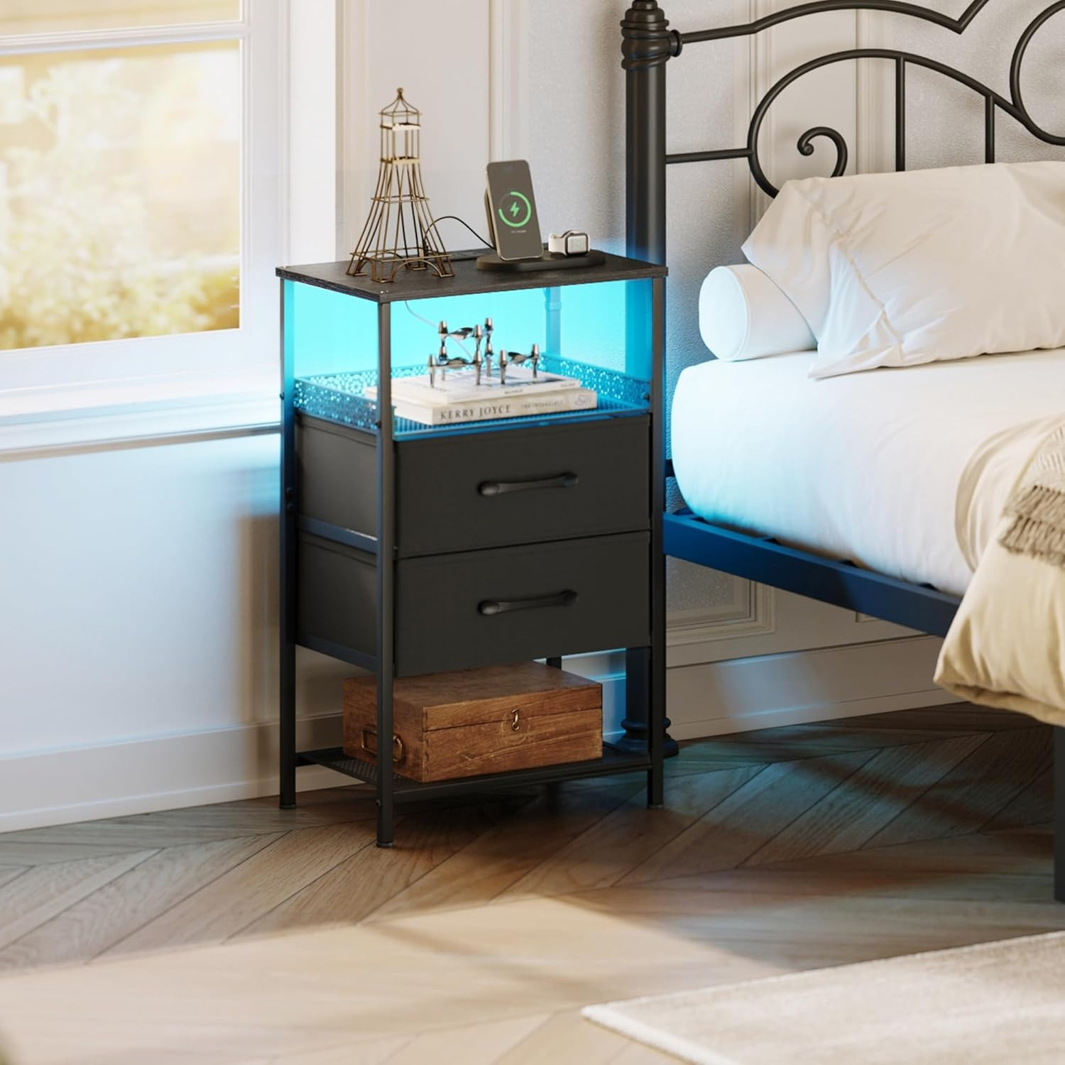 Nightstand Set of 2 with Charging Station, Night Stands with LED Lights, 26.4 In