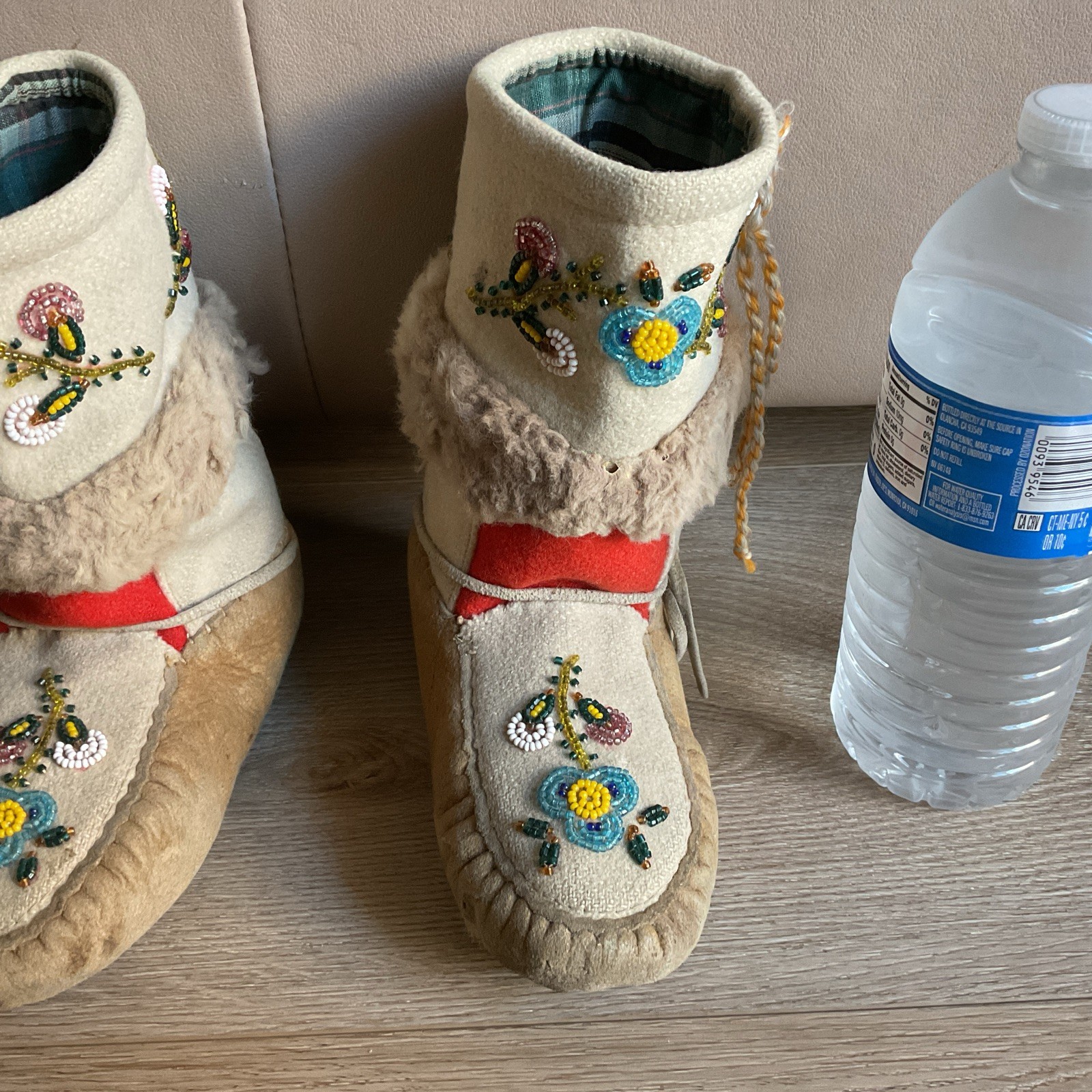 Vintage Nootka Child Beaded Mukluks Moccasin Boots Fur Trim Native American