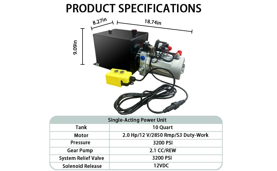 10 Quart Single Acting Hydraulic Pump Dump Trailer DC 12V Unit Pack Power Unit