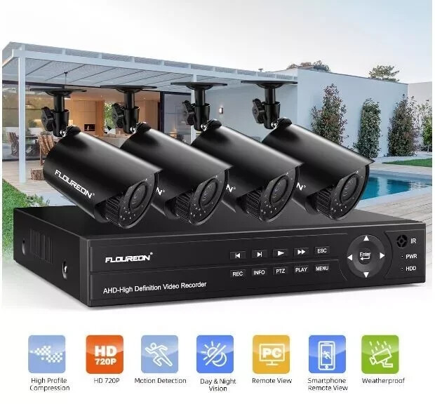 Floureon Security Camera NTSC System 4 AHD Cameras, 720P, 8CH DVR