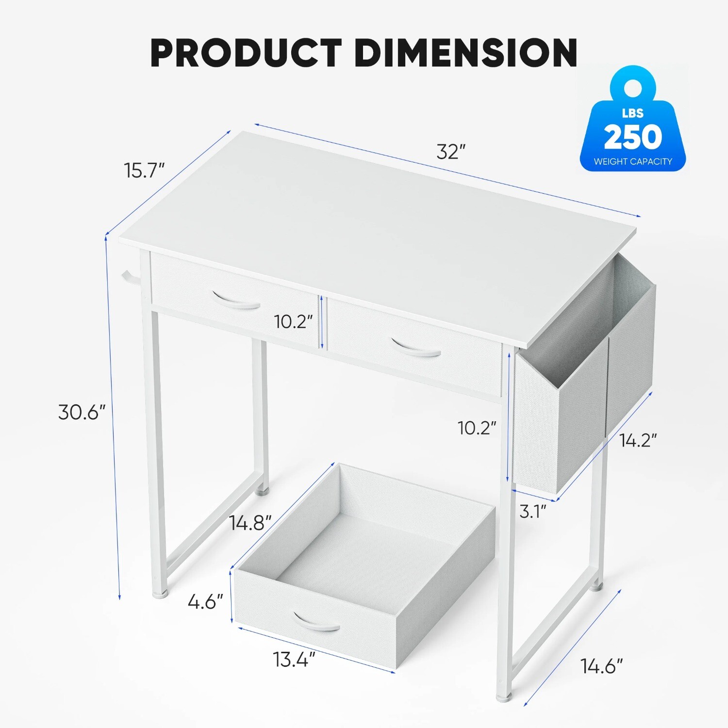 Office Computer Desk 32in Small Home Table with 2 Fabric Drawers & Side Bags