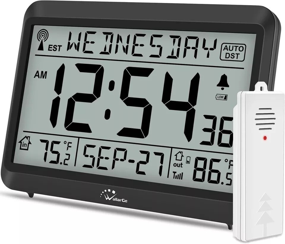 Atomic Clock With Indoor Outdoor Temperature, Self-setting Digital Wall