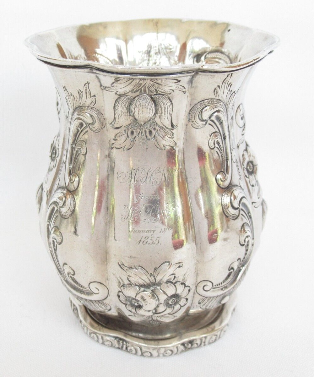 Antique Seymour Hoyt, New York American Repousse Coin Silver Beaker Cup 1855