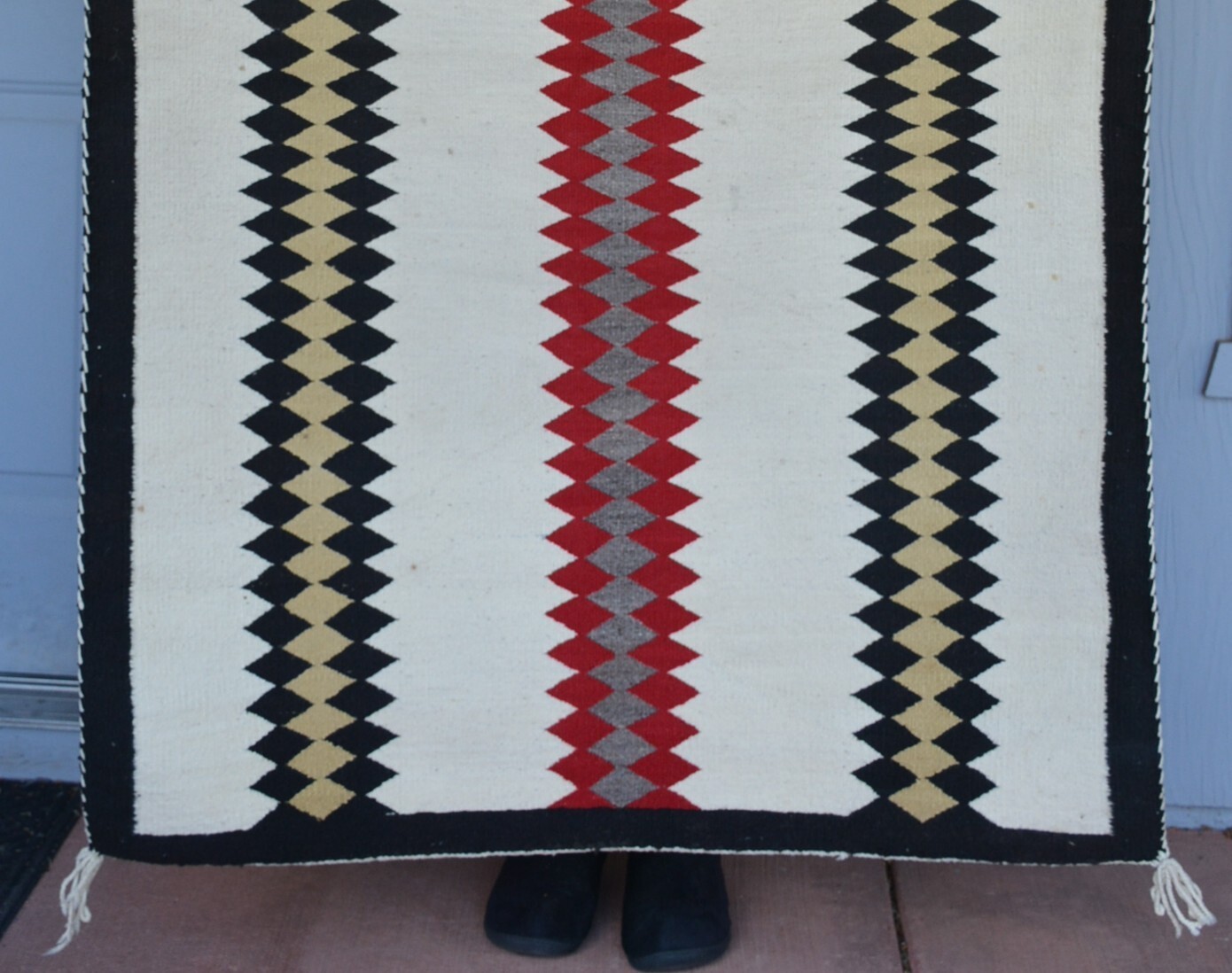 Old Navajo Rug - Red Black Tan Grey Vertical Bands on White Ground - 62 x 42.5
