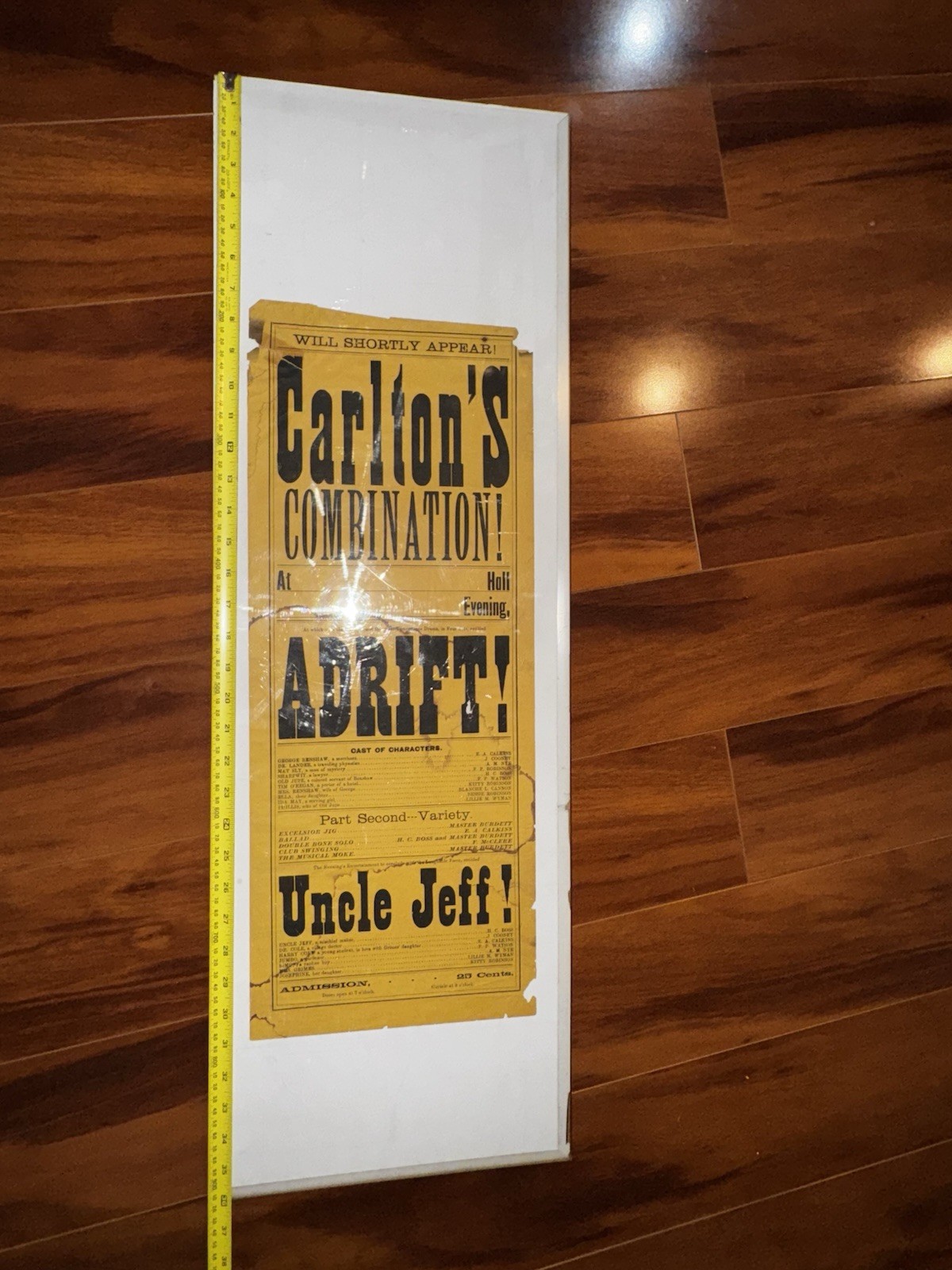 Antique 1880s Carlton’s Combination Adrift Uncle Jeff Theater Broadside Poster