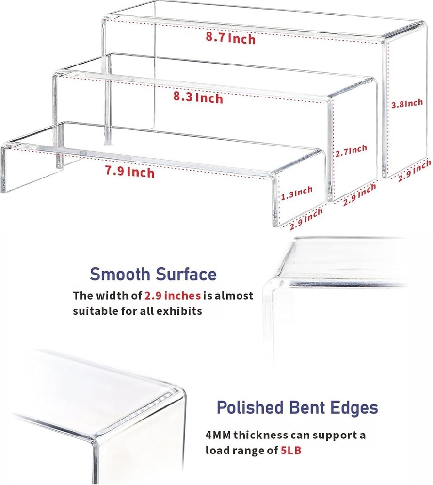 Yieach Large Clear Acrylic Risers Display Stands,3 Pcs Rectangular clear