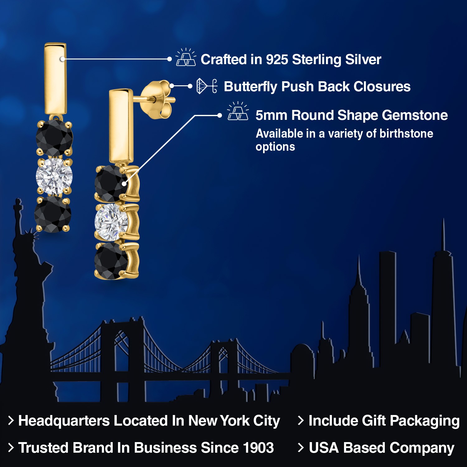 1.88 Ct Black Sapphire G/H Lab Grown Diamond 18K Yellow Gold Plated Silver