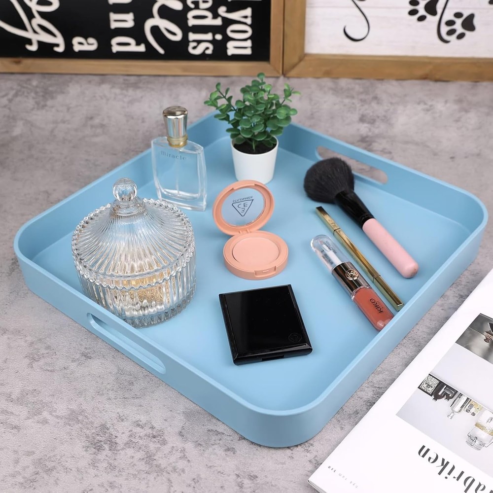 Square Blue Decorative Serving Tray with Handles, Versatile Ottoman