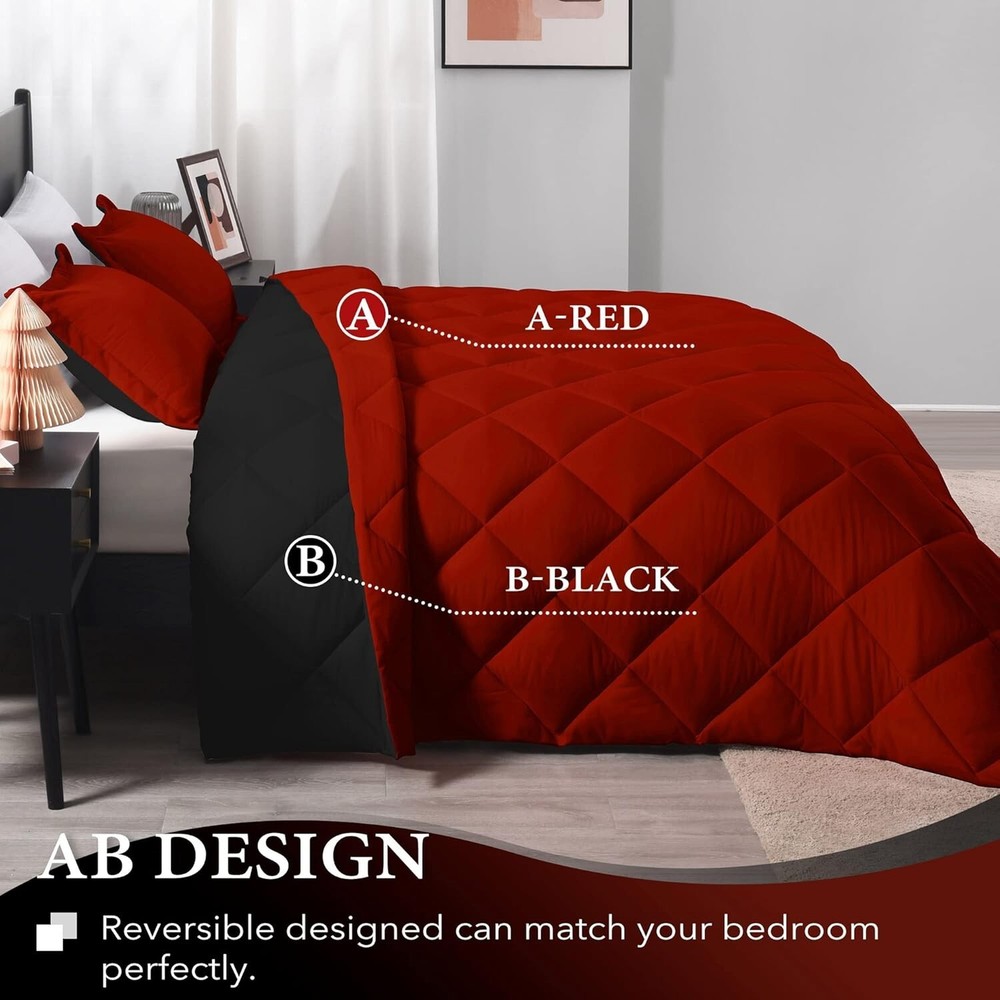 Queen Comforter Set - Red and Black Queen Comforter, Soft Bedding Comforter Sets