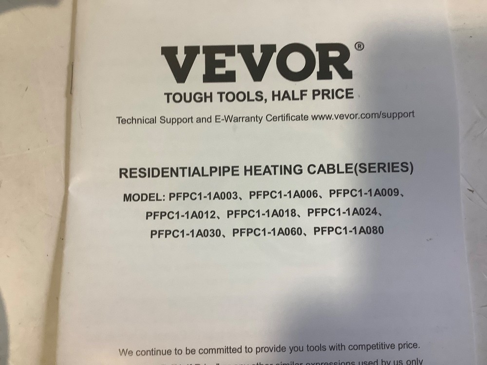 Vevor Pipe Heating Cable 12ft. PFPC1-1A012