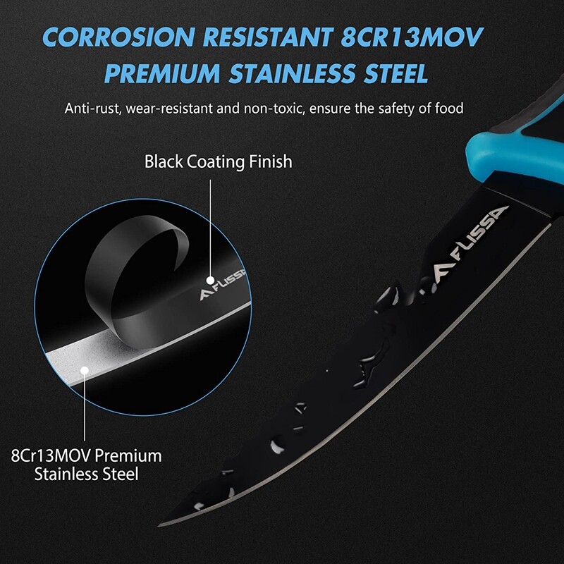 FLISSA 5''/6''/7''/9'' Fillet Knife Cutting Notch Non-Slip Handle w/Black Sheath