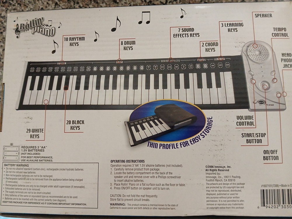 Rollin' Piano 49 KeysTouch Sensitive Mat-30 Function Buttons Boxed Age 7 & UP!